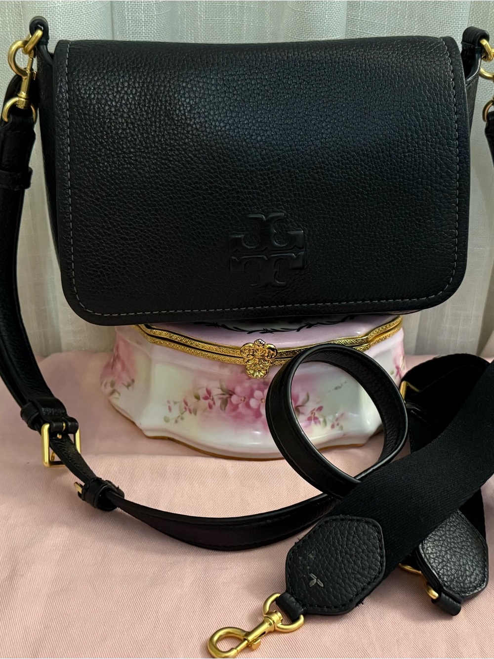 Tory Burch Black Pebbled Leather Crossbody with Gold Hardware